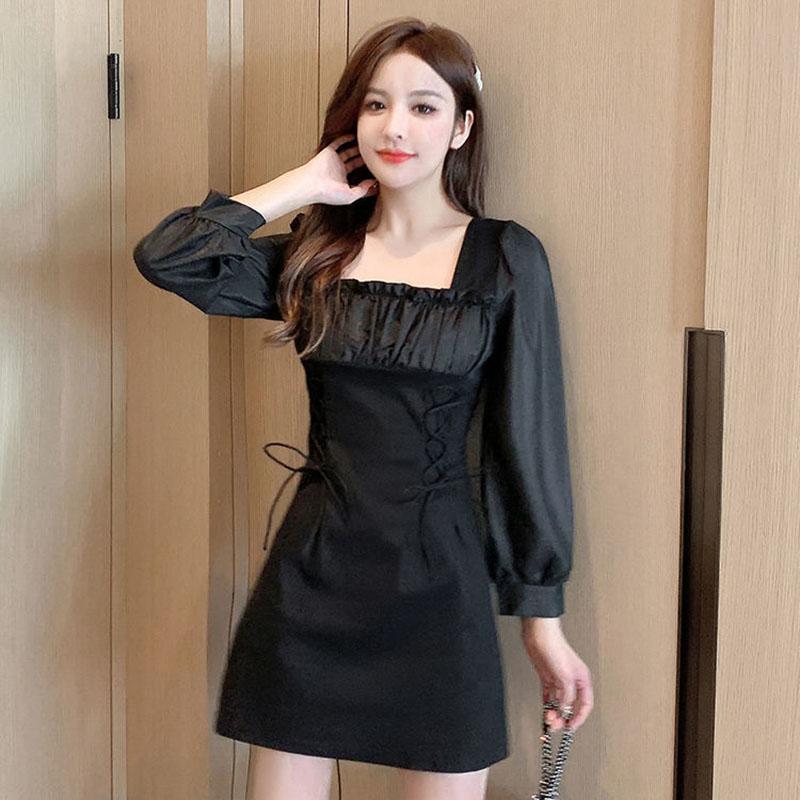 Autumn French Design Sense of Niche Temperament Skirt Is Thin Folds Square Collar White Waisted Celebrity Dress
