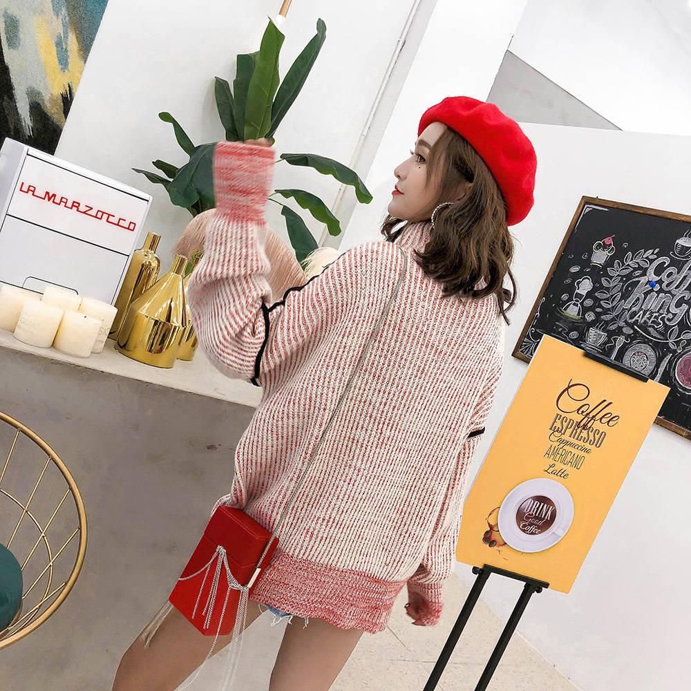 Pink Panther Beads Knitwear Turtleneck Loose Knitting Pullover Chic Women Jumper Sweater