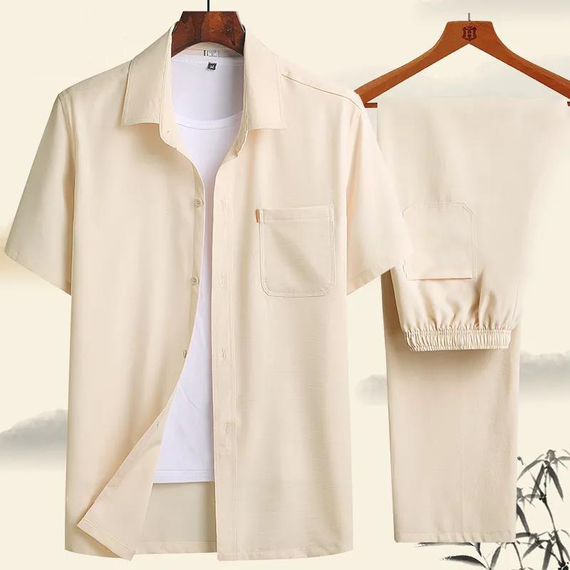 Summer Middle-aged and Elderly Short-sleeved Trousers Two-piece Ice Silk Dad Suit Half-sleeved Shirt Grandpa Clothes