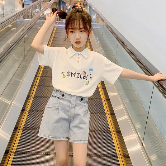 Girls' Summer Clothing Net Red Suit Western-style Fashionable Children's Clothing Short-sleeved Sports Big Children's Two-piece Suit