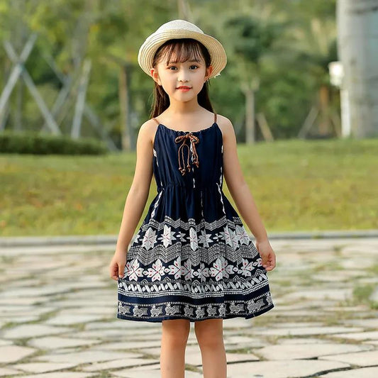Children's Dress Girl's Suspender Dress Korean Version of Printed Sleeveless Striped Dress Backless Beach Dress Ethnic Style Bra skirt