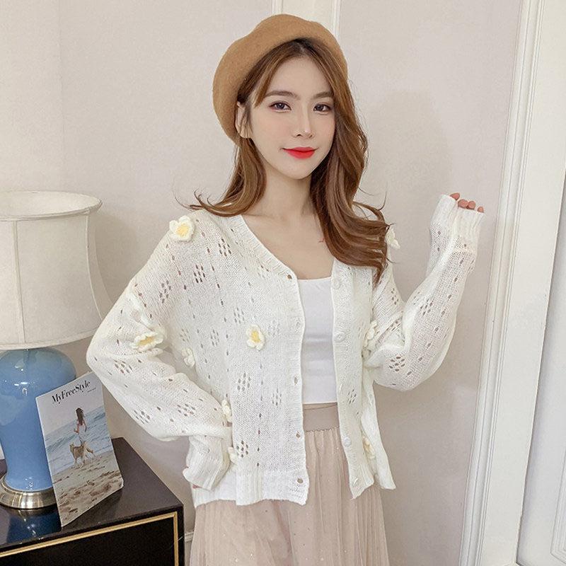 Spring Autumn Flowers Knitted Cardigan Women's Loose Fashion Casual Long Sleeve V-neck Sweater Jacket