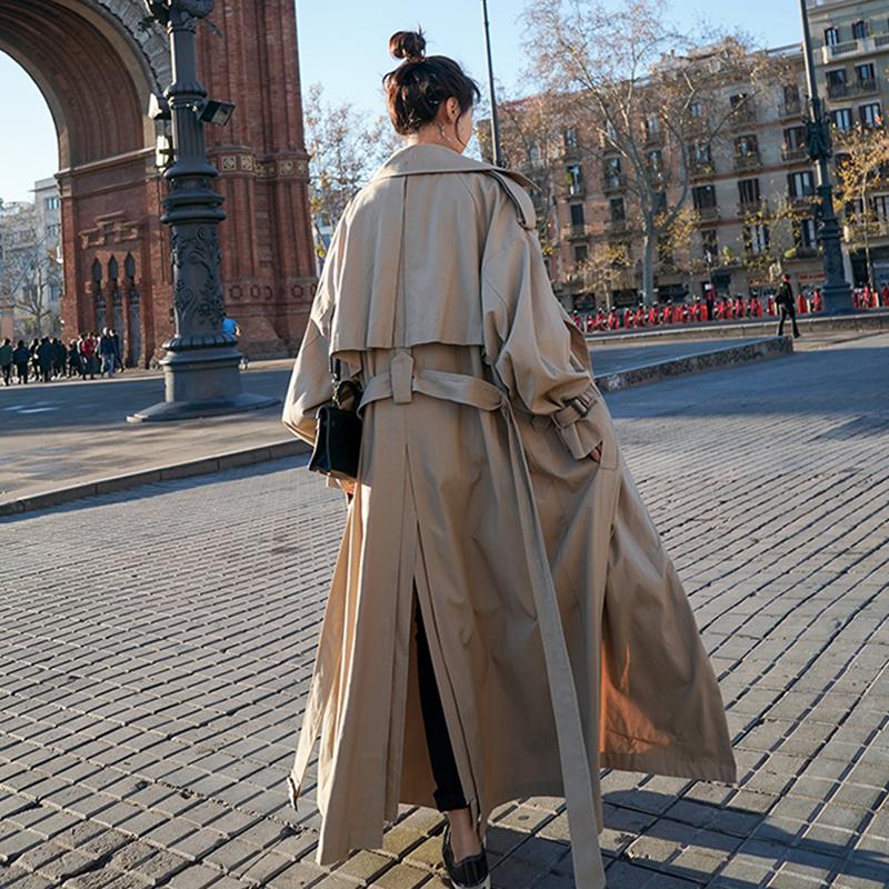 Korean Style Loose Oversized X-Long Women's Trench Coat Double-Breasted Belted Lady Cloak Windbreaker Spring Fall Outerwear Grey