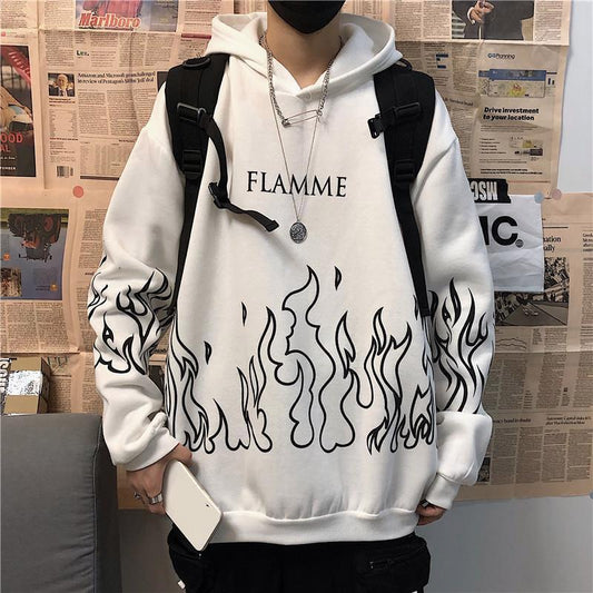 Streetwear Men's Women's Flame Print Pullover Oversized Harajuku Style Hoodie Oversized Winter Sweatshirt Korean Streetwear Top
