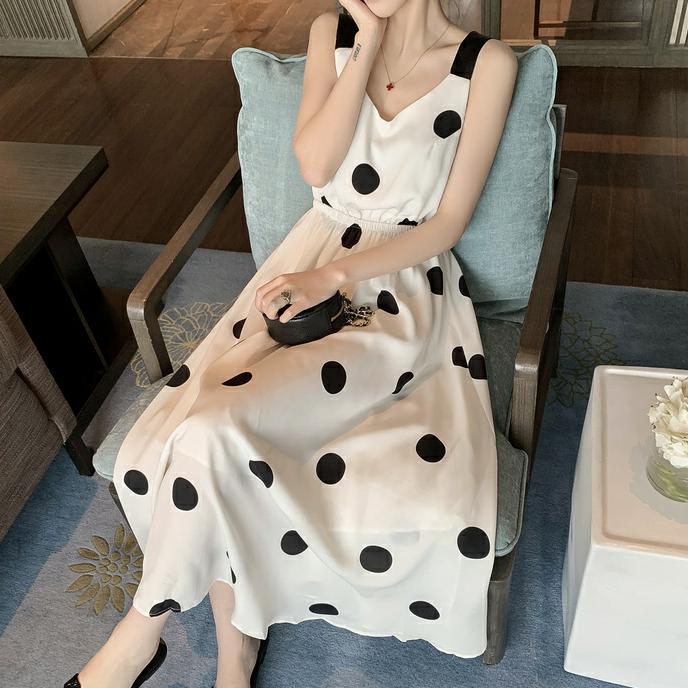 Polka Dot Suspender Dress Women's Summer Elegant Mid Length Open Back French Waist Chiffon Dress