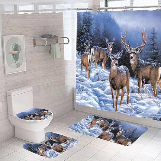 Christmas Bathroom Supplies Shower Curtain Mat Set Santa Claus Elk Snowman Digital Printing Cartoon Full Polyester Bathroom Curtain Four-piece Set
