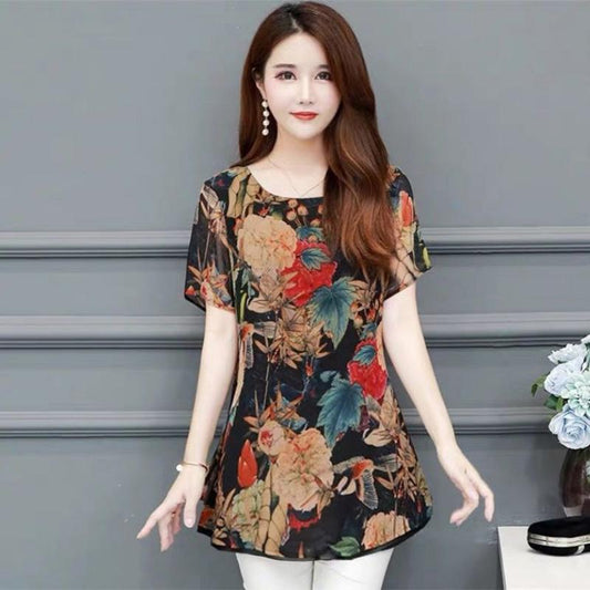 Fashion Plus Size Women's Summer Fat Mother's Clothing Printed Top Loose Cover Belly Thin Women's T-shirt