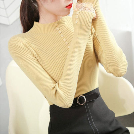 Slim All-match Knit Sweater Bottoming Top Half High Collar Lace Sleeve Button Sweater Women's Inner Wear Autumn and Winter