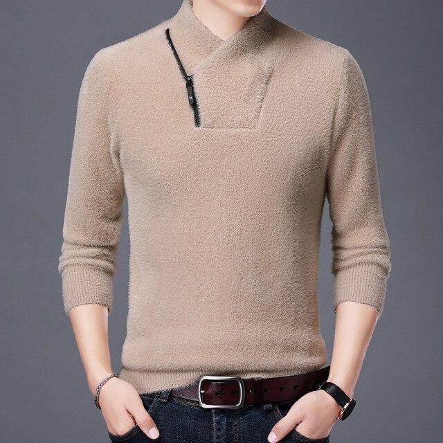 Men Clothing Imitation Mink All-match Base Shirt Men's Diagonal Zipper Stand-up Collar Warm Sweater