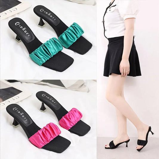 New High-heeled Shoes, Satin, Square Toe, Stiletto, Open-toe Women's Shoes for Outer Wear