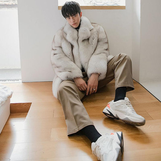 Faux Fox Fur Mid-length Men's Jacket Fashion Trend Plus Cotton Thick Fur Coat Trend
