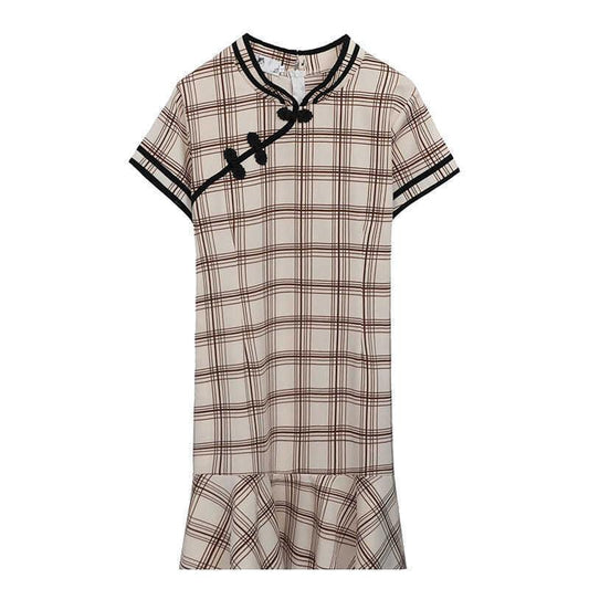 Fat Girl 300 Kg Extra Large Plaid Dress Summer New Product Improved Version Loose and Thin Ruffled Cheongsam Women