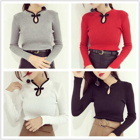 Winter China Style Traditional Buckle Bottom Sweater Retro Slim Knit Shirt Pullover Bodycon