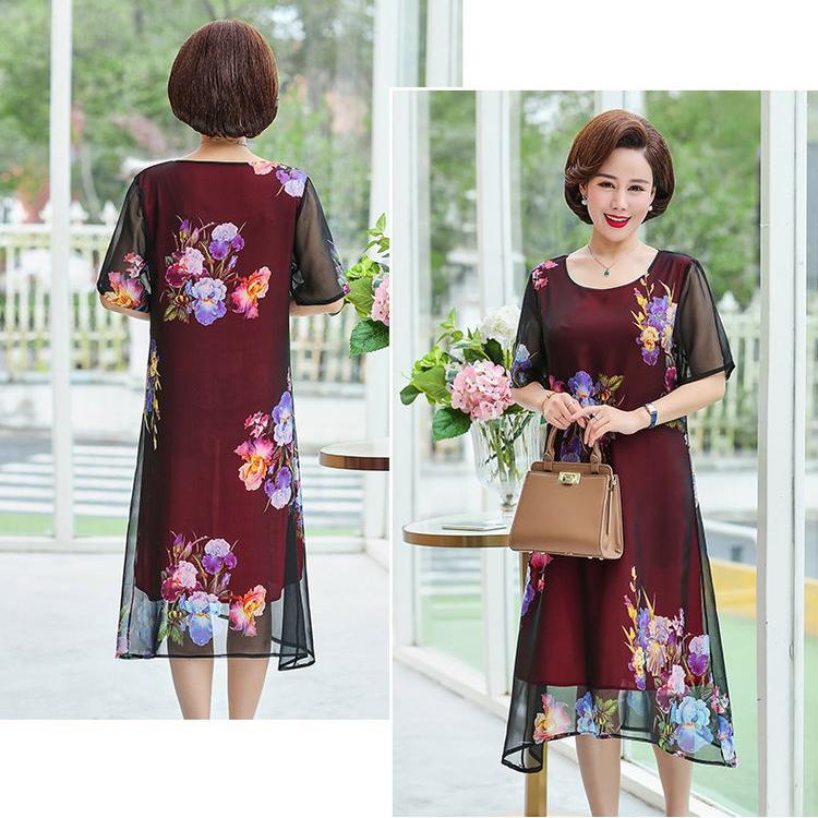 XL-XXXXXL Plus Size Mom's Summer 2 Layers Chiffon Dress Mid-length Printed Over-the-knee Skirt