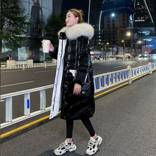 Glossy Down Padded Jacket Women Winter Korean Version of Loose Large Fur Collar Mid-length Over The Knee Thick Warm Jacket