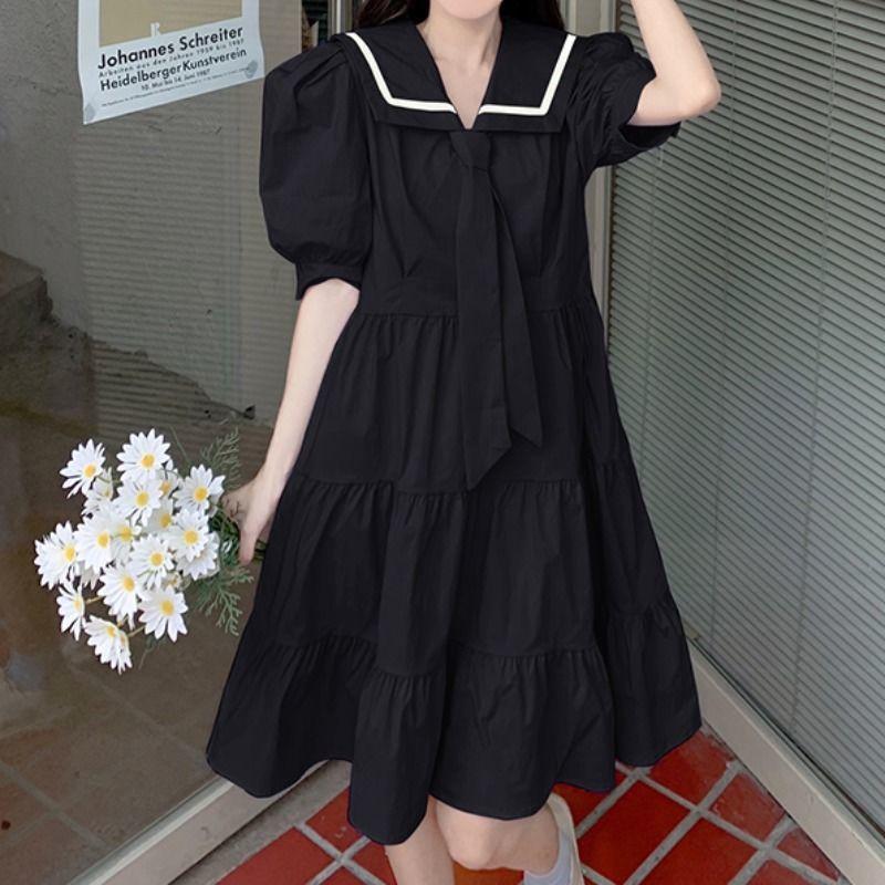 Summer Women's Tie Pompous Graceful Dress Simple Elegant Loose Slim Mid Long Pleated Solid Dress