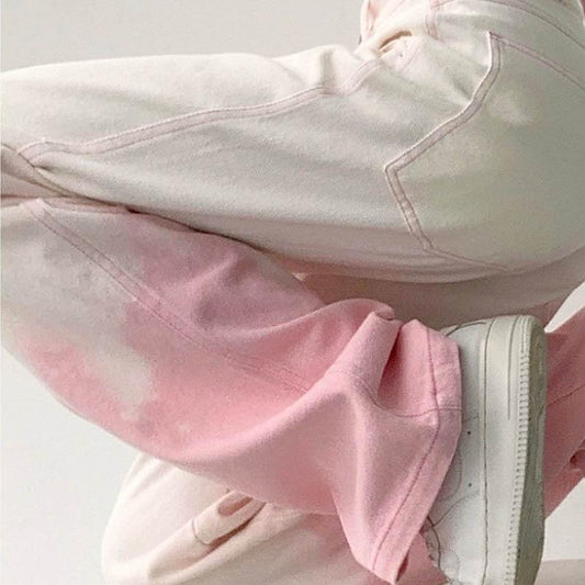 Gradient Straight Jeans Female High Waist Large Size Fat Mm Loose Thin European and American Pink Pants Tide