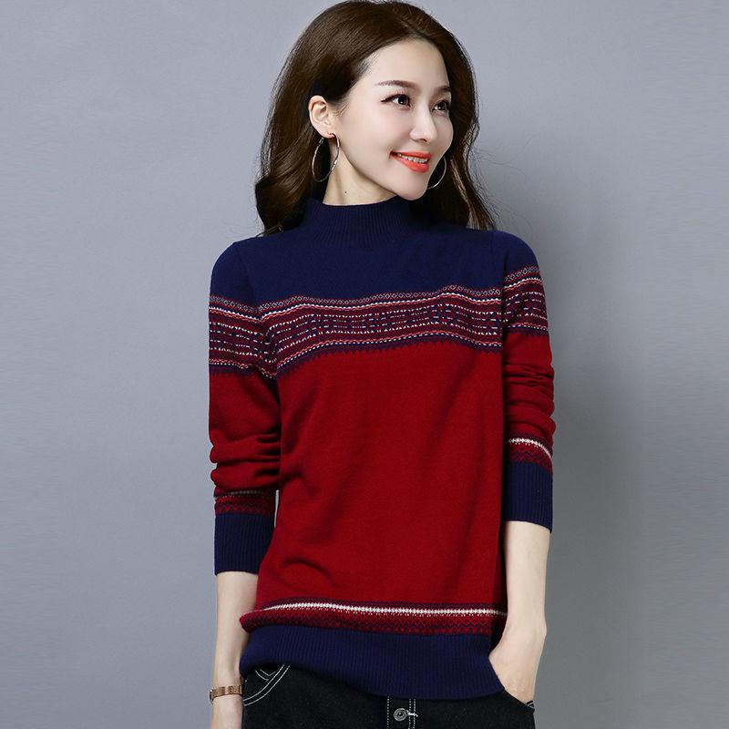 Vintage Printed Sweater Women High Neck Sweater National Style Clothes Knitted Bottoming Shirt Loose Short Sweater Top