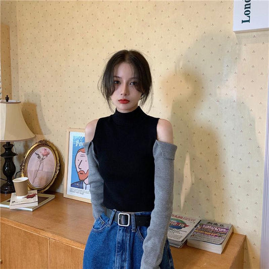 Contrasting Color Off-shoulder Short Knit Sweater Long-sleeved Top Slim Cropped Bottoming Shirt Spring and Autumn Fashion Top