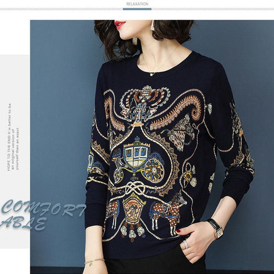 Women's Ethnic Style Printed Woolen Sweater Female High-end Cashmere Sweater O-Neck Outwear Pullover Sweater Plus Size Warm Jumper Top