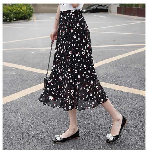 2020 Summer Black Polka Dots Chiffon Skirt Women High Waist Mermaid Skirt Elegant Midi Skirt