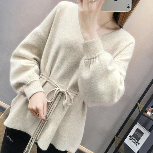 Autumn and Winter Thick Knit Top Loose Mid-length Waist Sweater V-neck Simple Women's Bottoming Shirt