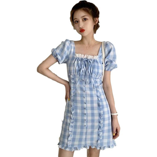 Female Spring and Summer Simple and Gentle Waist Close Show Thin Bubble Sleeve Lattice French Niche Dress