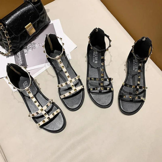 Rivet Flat Sandals Flat Slippers Summer Women's Casual Roman Flower Sandals Versatile and Comfortable Non-slip Open Toe