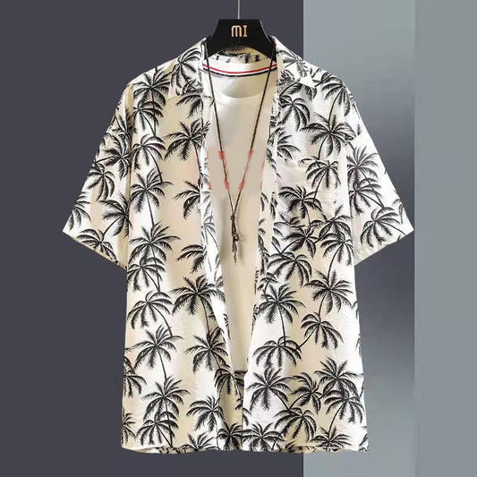 Hawaiian Beach Shirt Palm Leaf Print Tee Half Sleeve Retro Clothes Button Up Top Plus Size Loose Overshirt Casual Male Undies