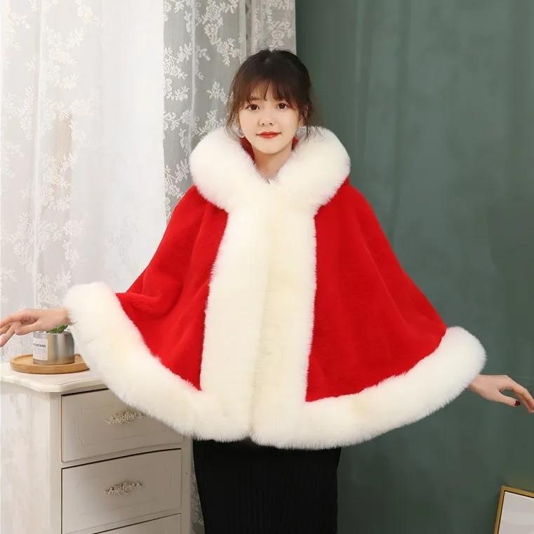 Women's Winter Faux Mink Fox Fur Shawl Mid-length Hooded Cloak Fur Coat Warm Plush Faux Fur Wrap Cloak Windproof Fur Coat Oversize Mantle Shawl