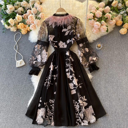 Spring Summer Fairy Flower Embroidery Dress Women Elegant Lantern Sleeve Mesh Patchwork Party Black