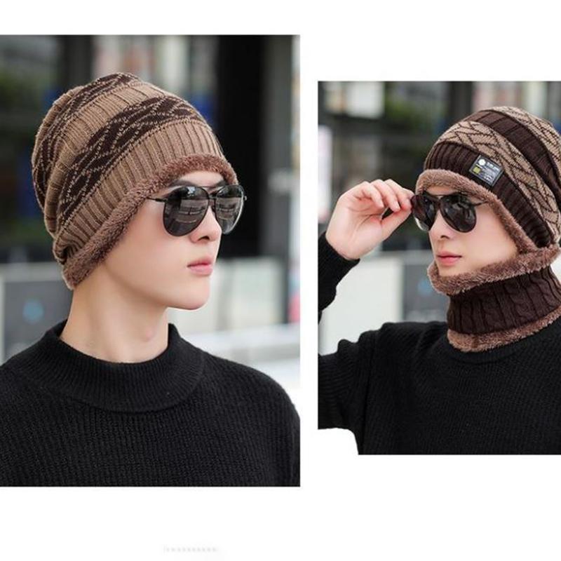 Winter Men's Knitted Hat Bib Suit Fashion Stitching Printed Wool Hat Outdoor Riding Plus Velvet Warm Hat
