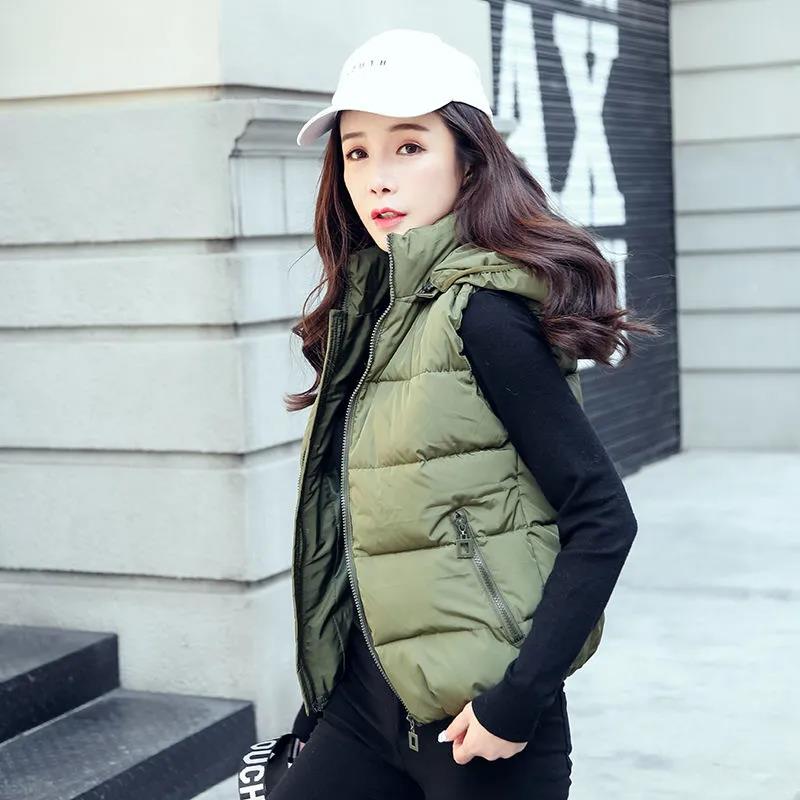 Winter Ladies Hooded Down Vest Jacket Fashion Glossy Down Cotton Sleeveless Jacket Thicken Warm Winter Vest