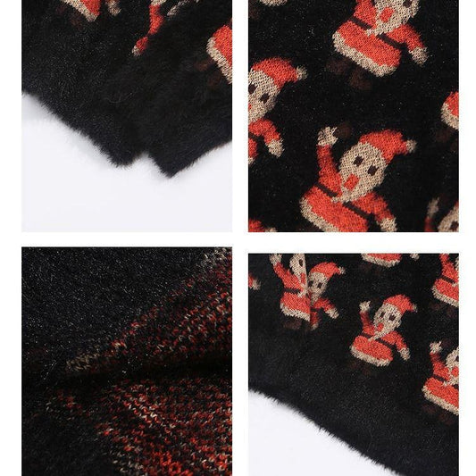 Vintage Harajuku Style Embroidery Christmas Sweater Men Women Fuzzy Thick Pullover Sweater Couple Loose Knit Sweater Unisex Autumn Winter