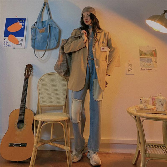 Retro High Waist All-match Loose Straight Pants Autumn and Winter Personality Ripped Beggar Patch Jeans