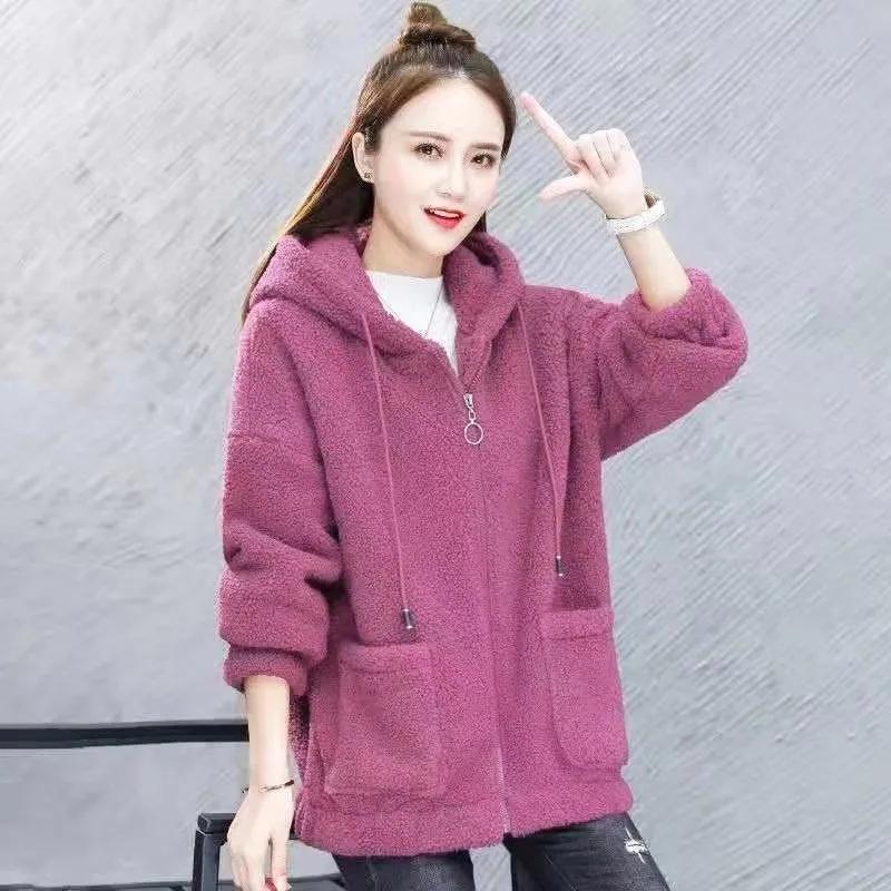 Lamb Velvet Sweatershirt Women's Autumn Winter Loose Cardigan Long-sleeved Hooded Thick Coat Solid Color Zipper Jacket Top