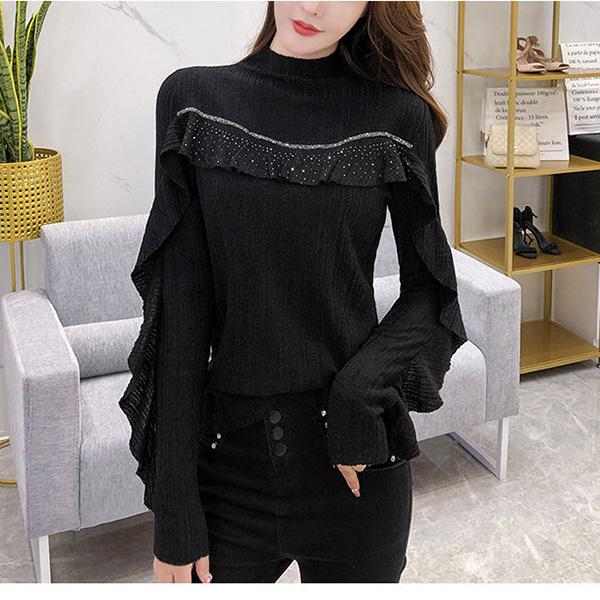 Autumn and Winter Rhinestone Ruffle Sweater Round Neck Long-sleeved Slim Top All-match Knitted Bottoming Shirt