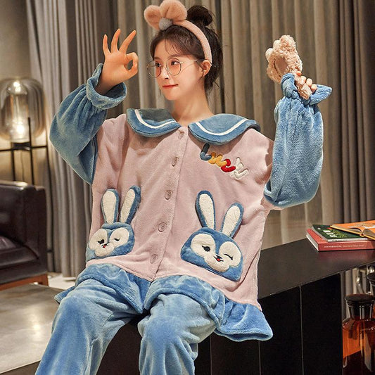 Pajamas Women Autumn Winter Sleepwear Coral Fleece Velvet Thickening Flannel Warm Nightwear Long Sleeve Loose Top Pant Set Cartoon Cute Home Wear Suit