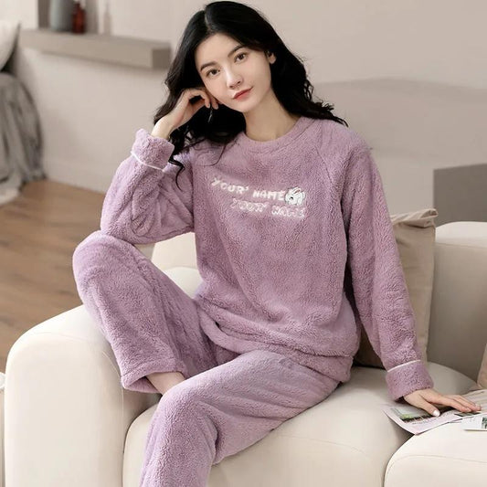 Coral Fleece Pajamas Women Autumn Winter Sleepwear Thick Warm Velvet Homewear Top and Pant Suit Cartoon Cute Nightwear O Neck Pullover Long Sleeve