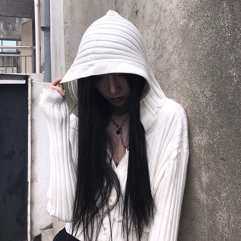 Short Cropped Cardigan Sweater Long-sleeved Slim Open-shoulder Punk Pull-shoulder Hooded Jacket
