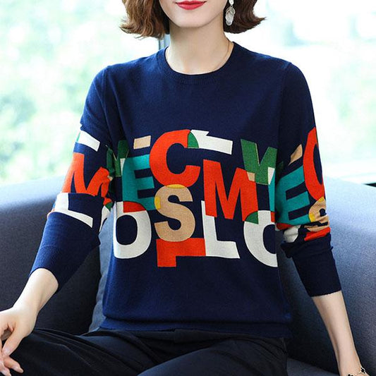 Fall Winter Woolen Sweater Contrast Letter Printed O-Neck Long-sleeve Bottoming Sweater Ladies Pullover Knit Jumper