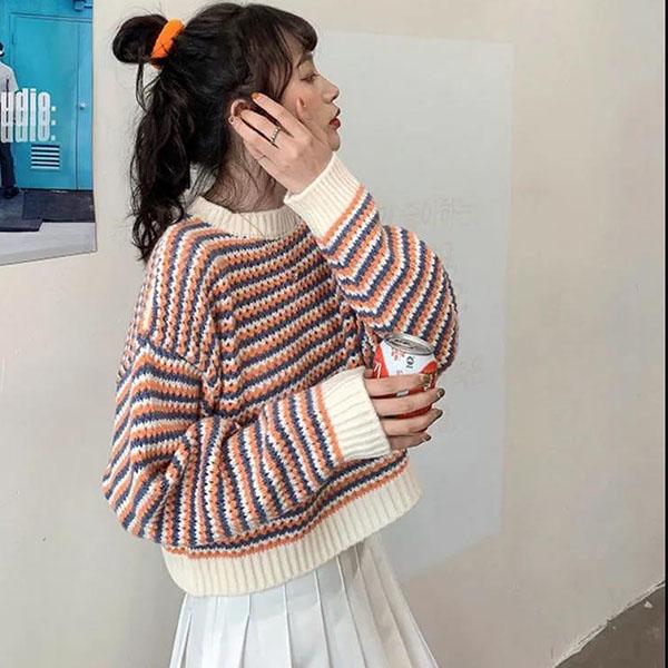 Striped Sweater Women Fall Loose Lazy Style Little Student Pullover Sweater