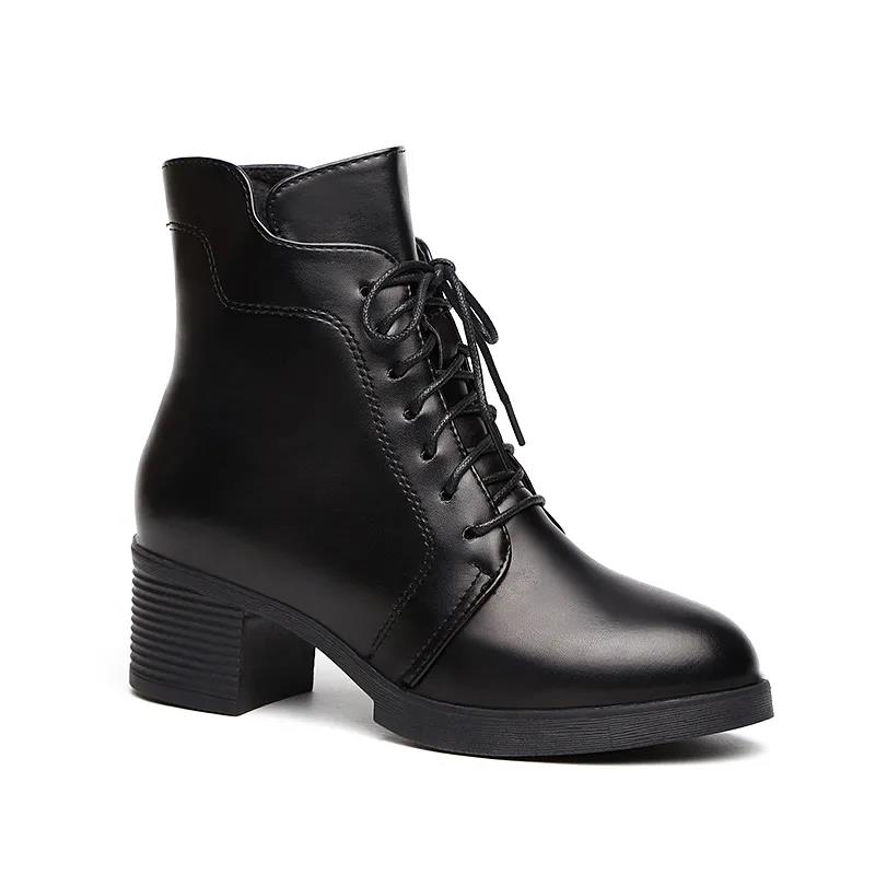 Autumn and Winter Soft Leather Lace-up Zipper Thick Heel Martin Boots Women Mid-high Heel Korean Warm and Comfortable All-match Cotton Boots