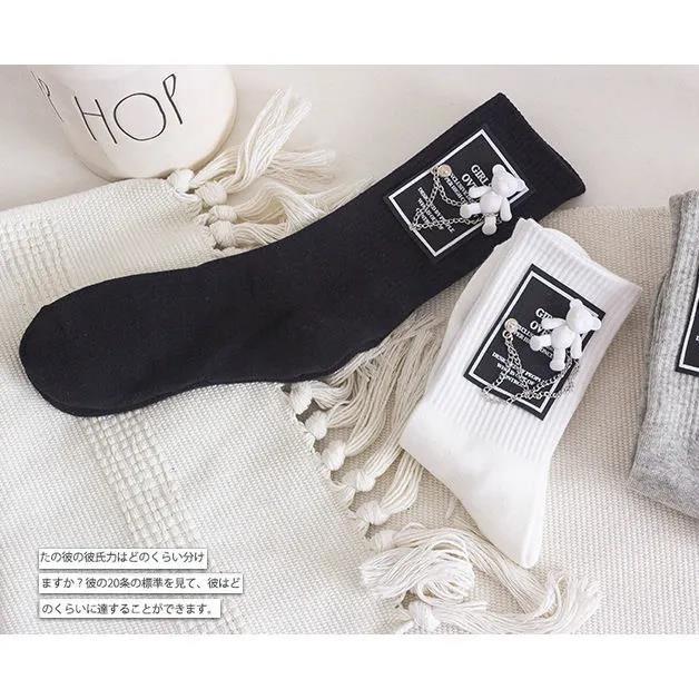 Two Pairs of Bear Patch Chain Socks Street Personality Cotton Socks