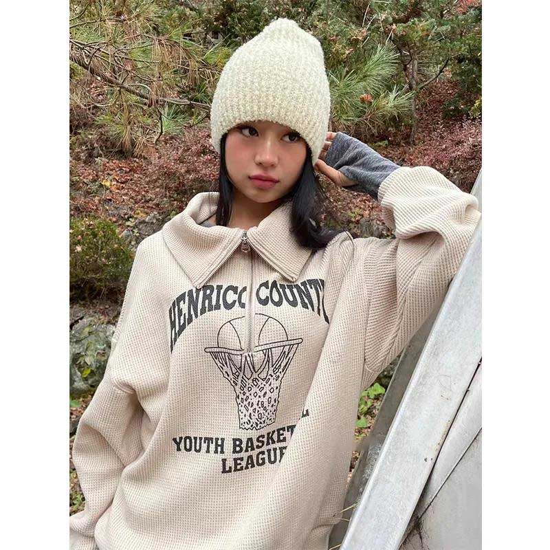 Sweatshirts Women's Spring Half-Zip High-Neck American Style Printed Waffle Loose Pullover Retro Sweater