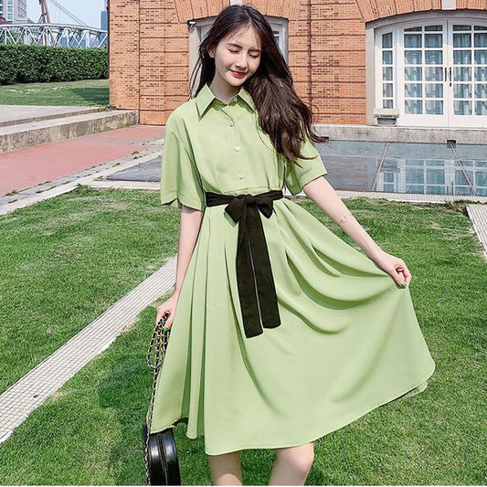 Chiffon Dress with Belt Women Button Solid Color High Waist Turn-down Collar Girls Summer Holiday Knee-length Short Sleeve A-line Dress