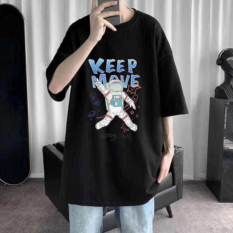 Short-sleeved T-shirt Men's Tide Brand Cartoon Astronaut Print Summer Wild Men's Trend Five-point Sleeves