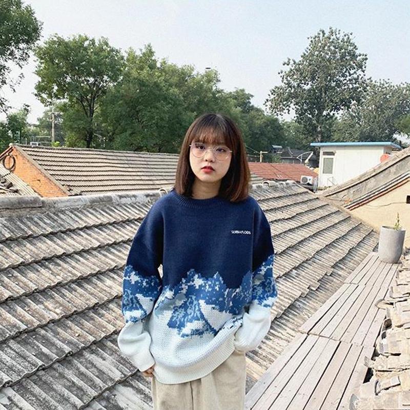 Autumn and Winter Stitching College Style Sweater Loose Outer Wear Casual Jacket Round Neck Pullover Knitted Jacket