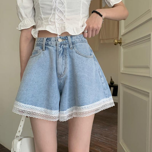 Sweet Denim Shorts for Women Wide Leg Cute Short Pants Summer High Waist Lace Edge Pants A-line Loose Jeans Pants High Waist Shorts Y2k Short Bottoms
