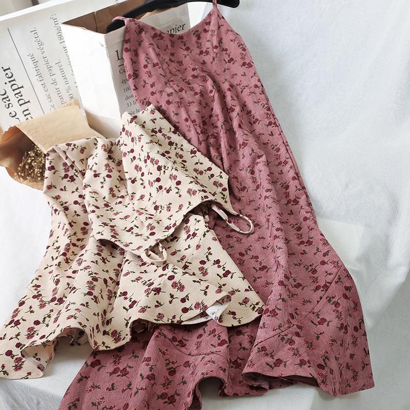 Female Summer Corduroy Retro Little Fresh Elegant Mid Long Suspender Floral Holiday Dress
